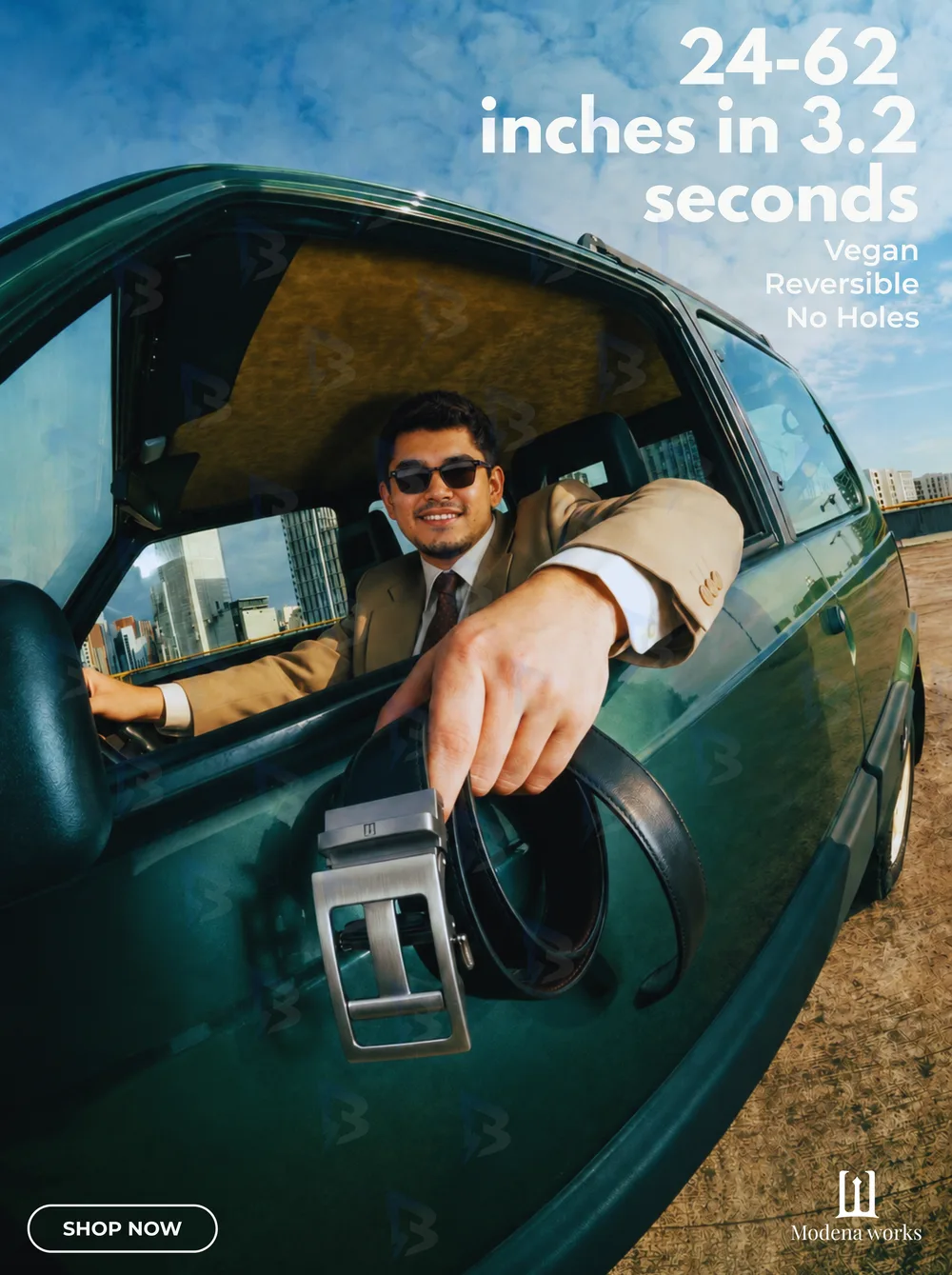 24–62 inches in 3.2 seconds — reversible no-hole belt ad