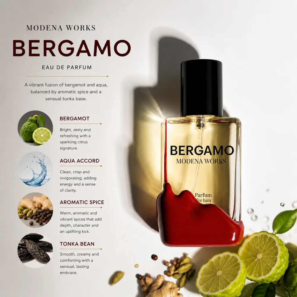 Bergamo eau de parfum — notes of bergamot, aqua accord, aromatic spice and tonka bean