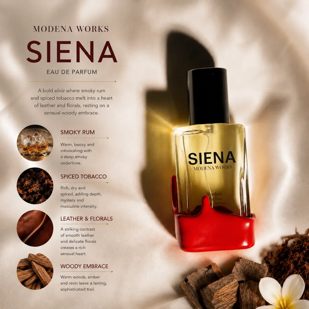Siena eau de parfum — notes of smoky rum, spiced tobacco, leather and florals