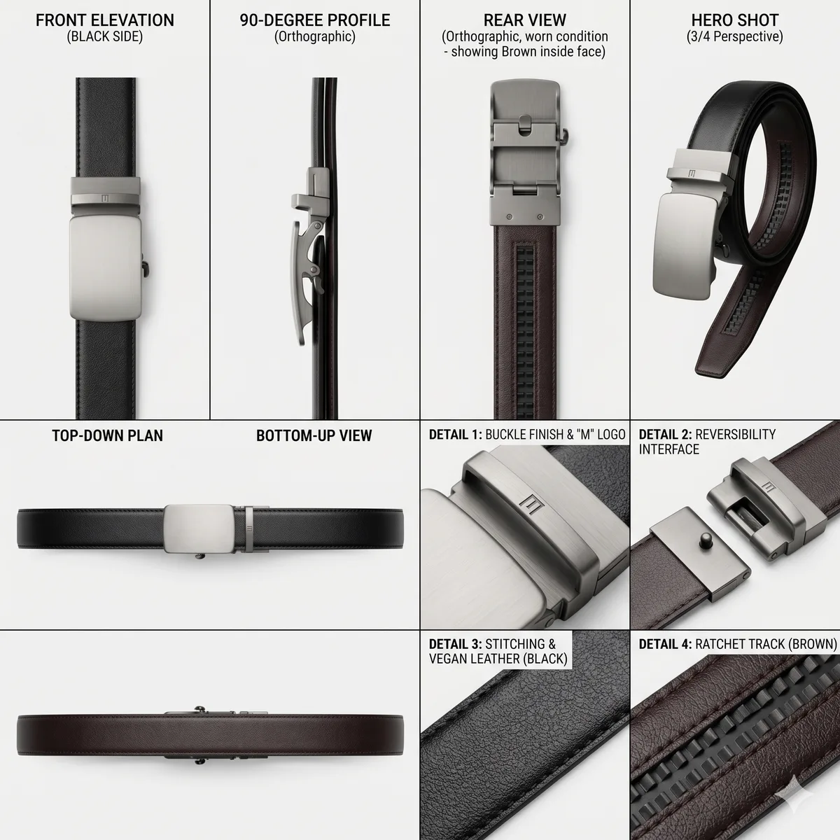 Modena Works belt technical sheet: every elevation, profile and detail