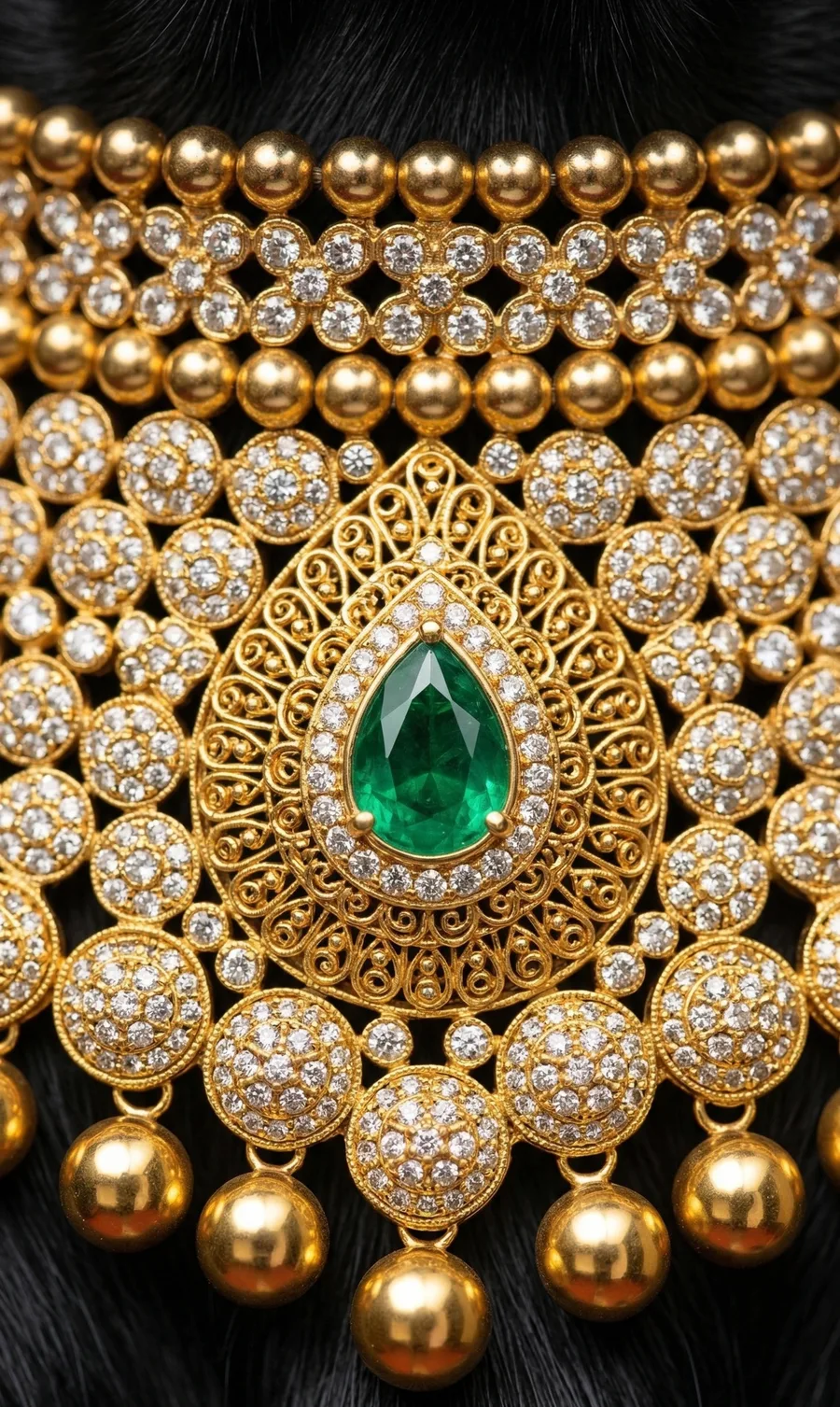 Gold filigree choker with a pear-cut emerald