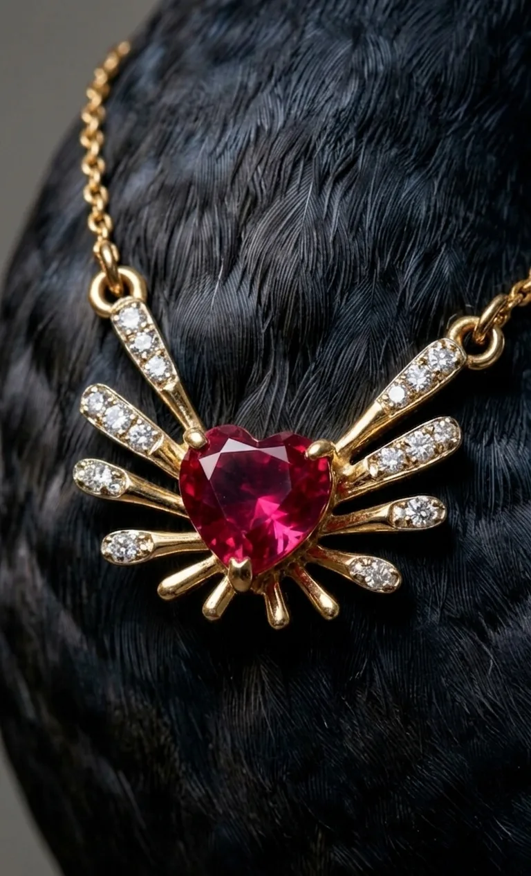 Heart-cut ruby with a sunburst of diamonds