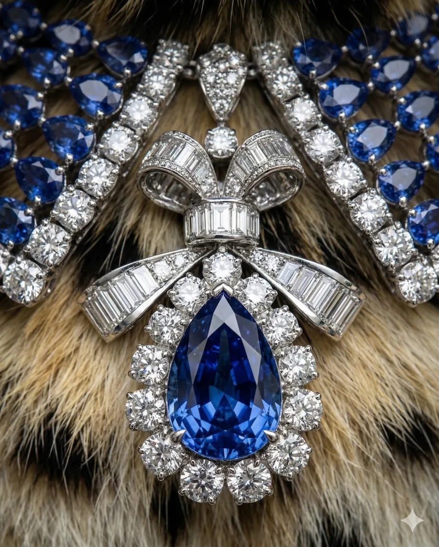Pear-cut sapphire with a baguette diamond bow