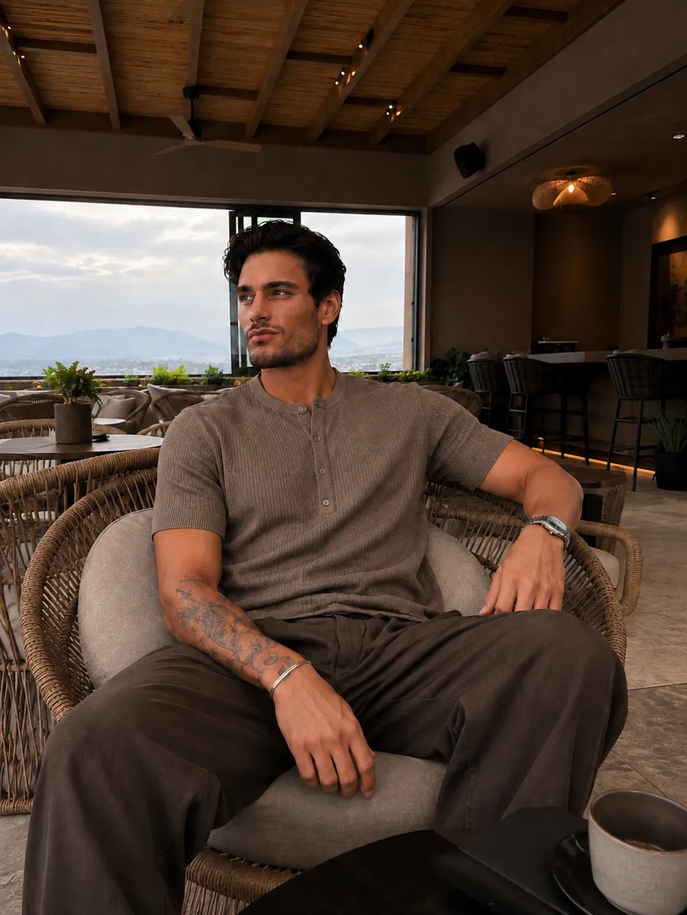 Knit henley in a mountain-view lounge