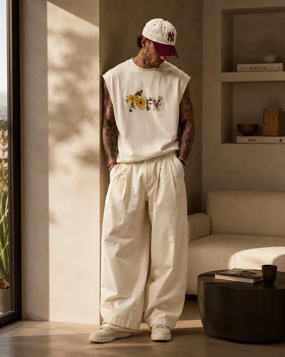 Honeybee sleeveless in a sunlit plaster interior