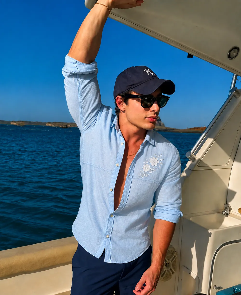 Blue embroidered linen shirt on deck