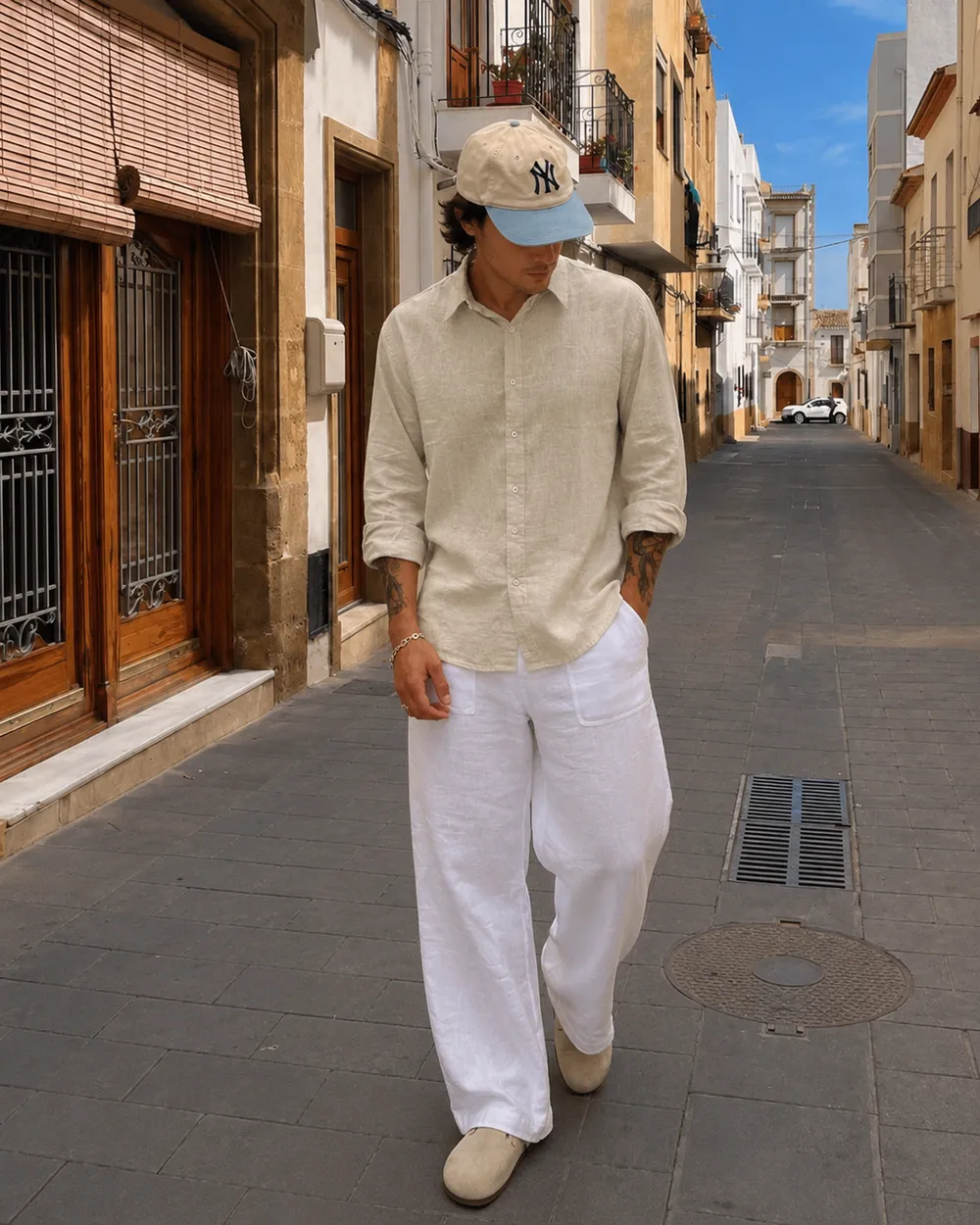 Natural linen shirt on an old-town street