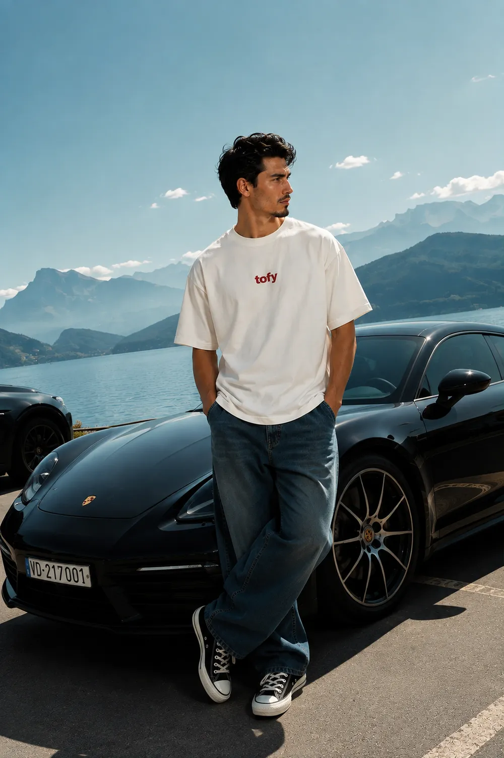 Call Me Sinner tee by a lake and a black sports car