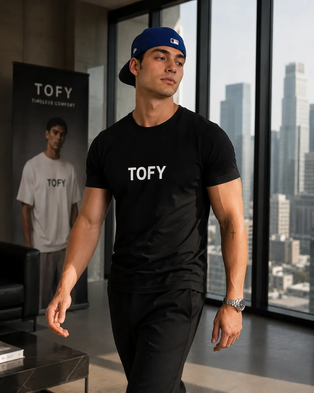 TOFY logo tee in a high-rise showroom